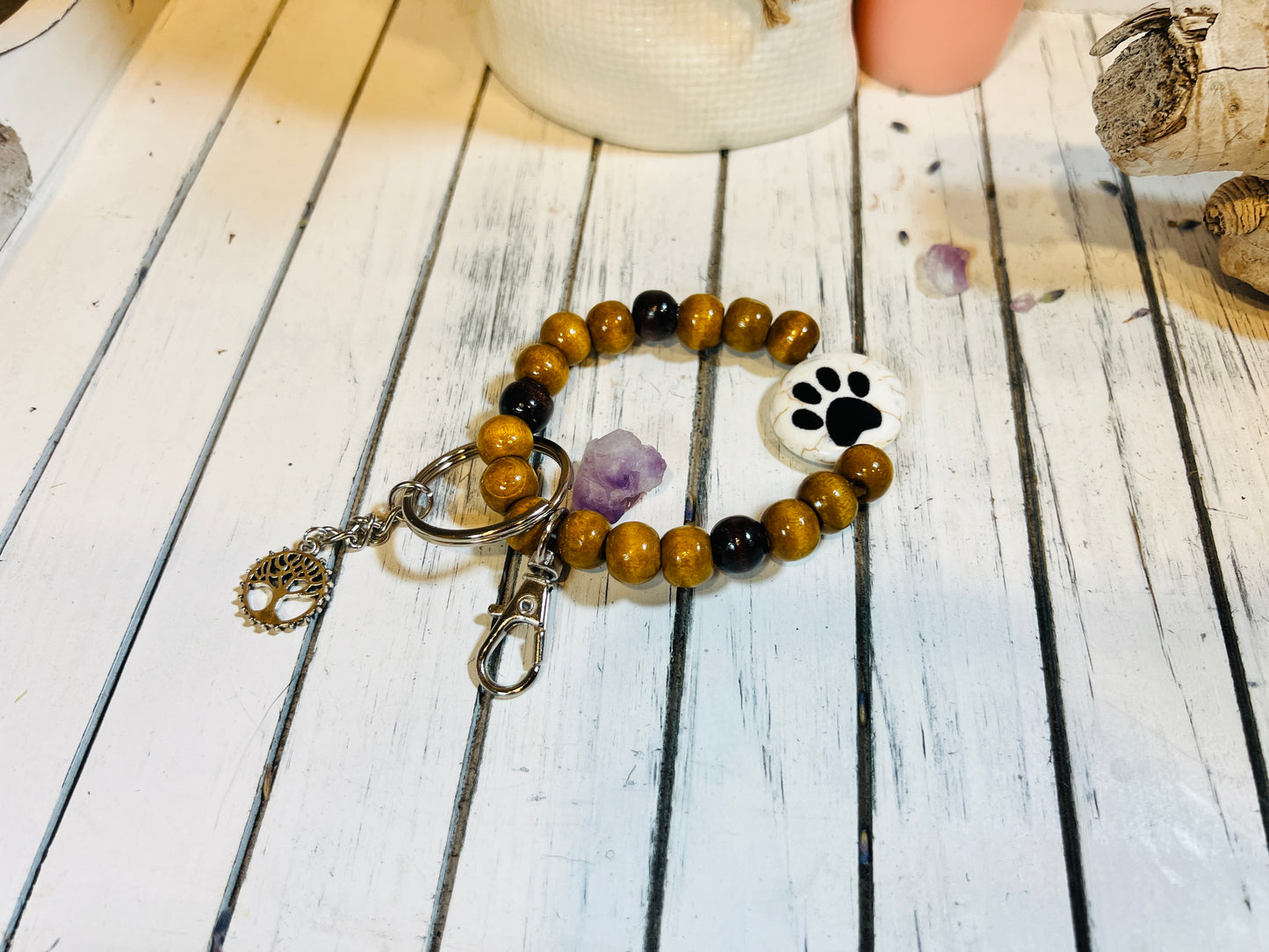 Paw Print Charm Keychain Wristlet - Ceramic Bead Accent