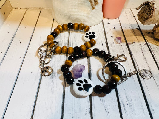 Paw Print Charm Keychain Wristlet - Ceramic Bead Accent